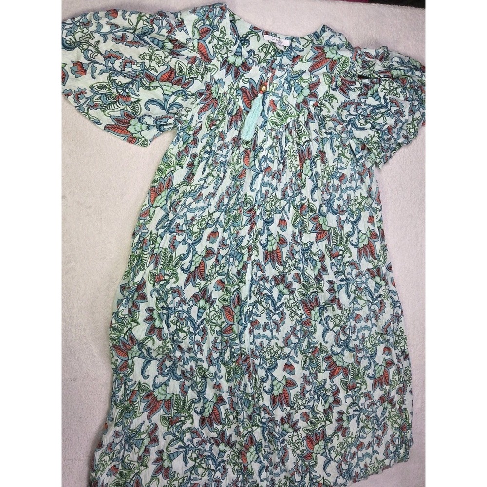 Go Softly Patio Dress Rayon Boho Floral Midi Small Tassel Tie Cottagecore Flowy